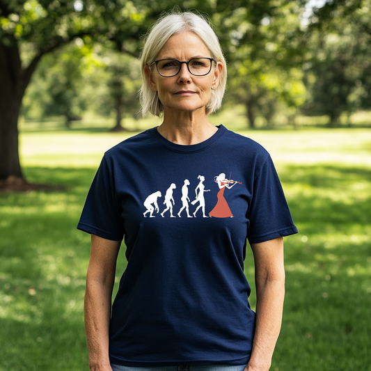 March of Progress T-Shirt – Elegant Violinist Illustration in Red Dress